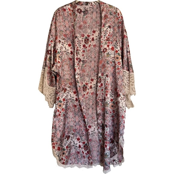 Victoria's Secret Other - Victoria’s Secret Satin Lace Floral Cover-up Kimono Robe Sz XS Loungewear Comfy